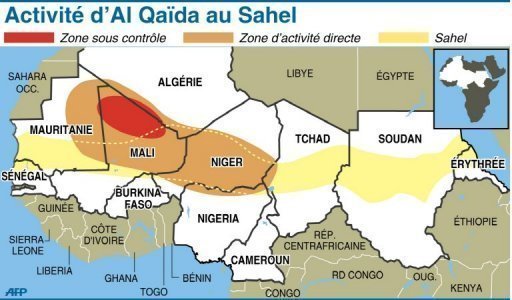 Carte délimitant le Sahel et situant le sanctuaire et la zone d’activité directe d’Al Qaïda dans la région