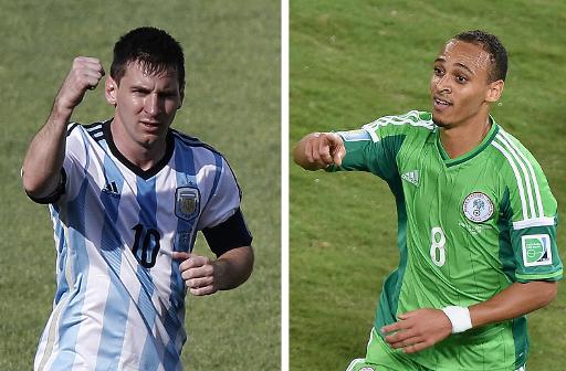 Un montage de photos représentant à gauche la star argentine Lionel Messi, buteur à Belo Horizonte contre l'Iran le 21 juin 2014 et à droite Peter Odemwingie, le buteur nigérian face à la Bosnie, le 21 juin 20144 à Cuiaba